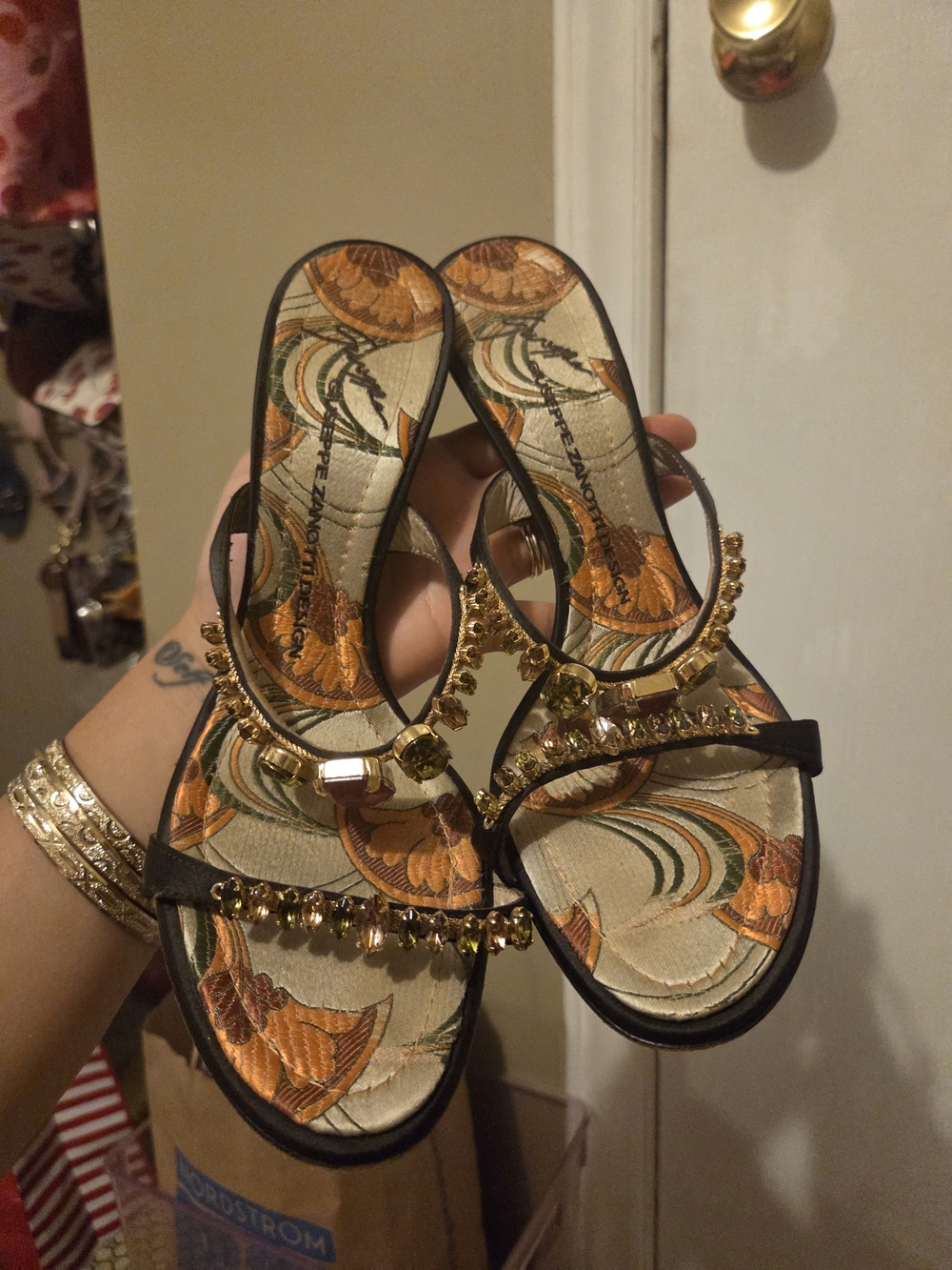 Giuseppe Zanotti Black and Gold Crystal-Embellished Heeled Sandals - Picture 2 of 8